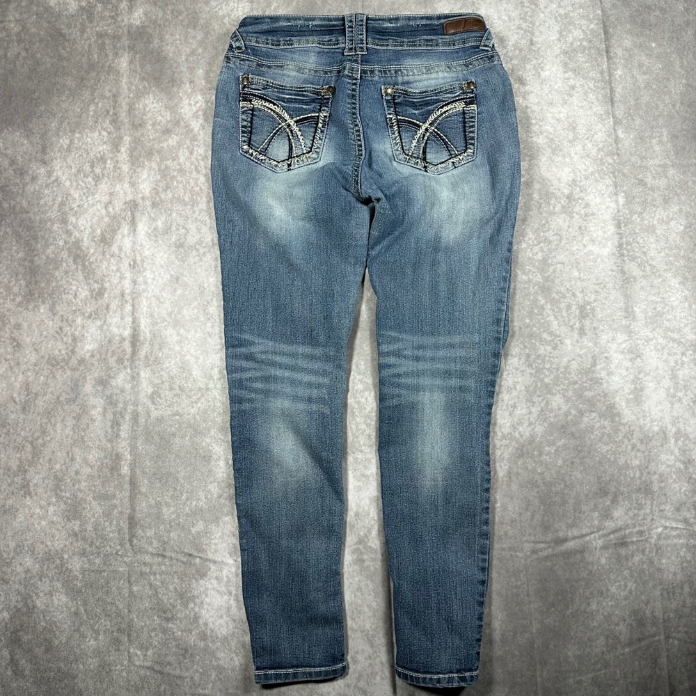 WallFlower Juniors 9 Low Rise Skinny Jeans Medium Wash Embroidered Pockets‎ Y2K